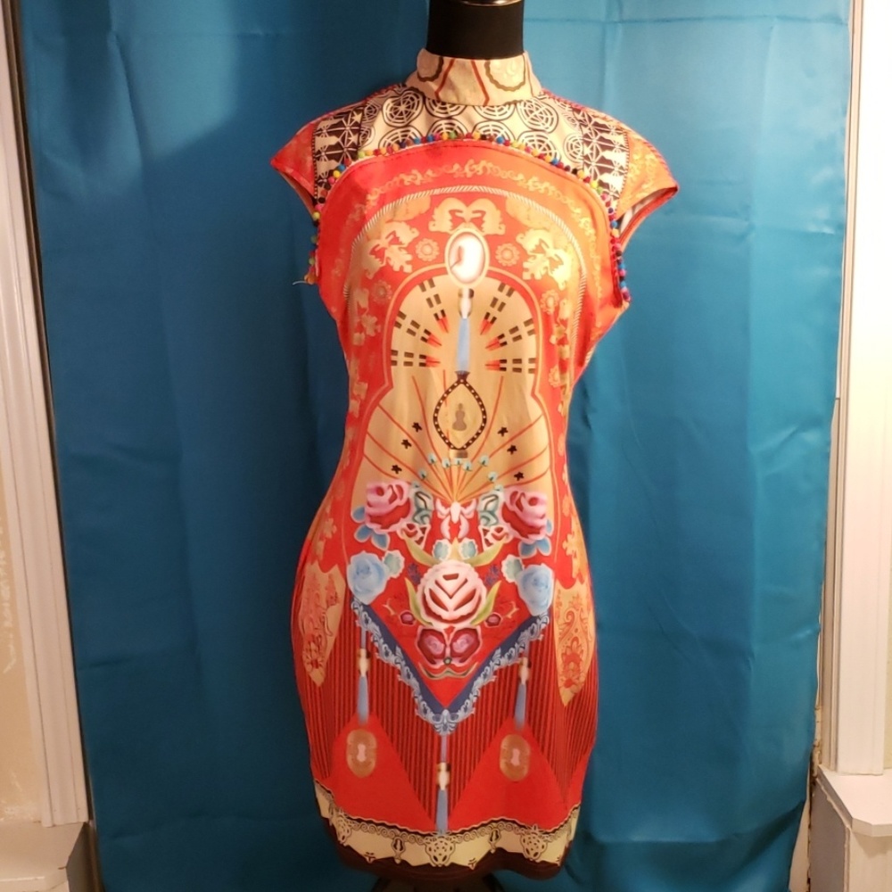 Red pencil dress with high neck